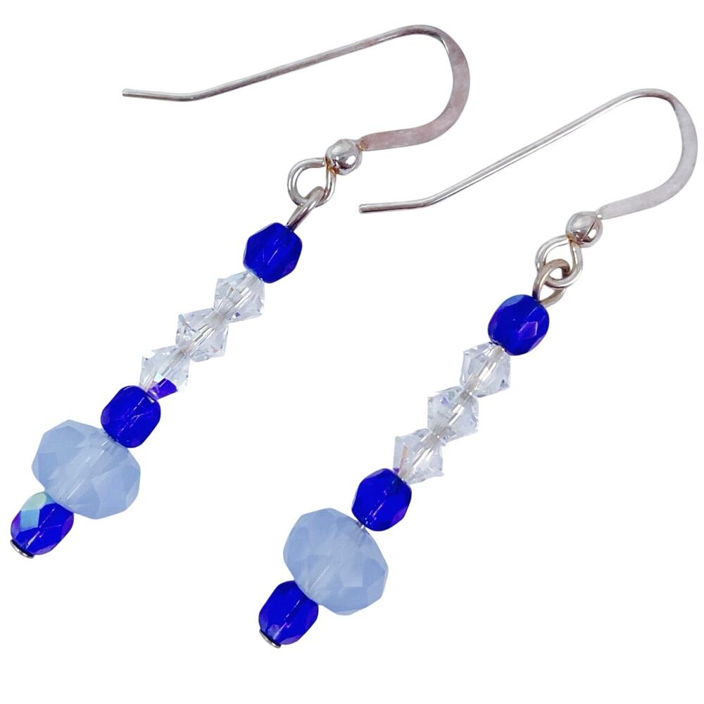 Vintage Artisan Sterling Silver Swarovski Blue Crystal Dangle Earrings Handmade